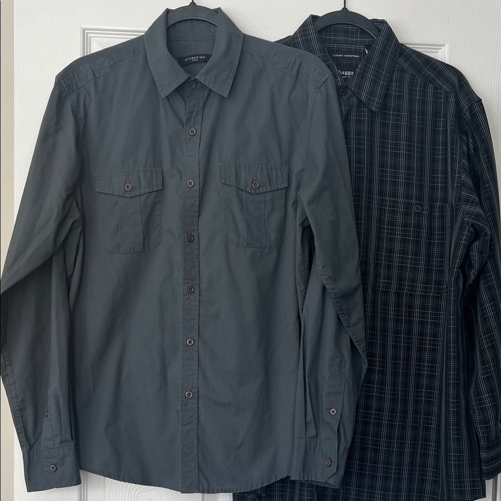 Haggar & Attention Brand (2) Men's Casual Button Down Shirts, Gray & Black Plaid